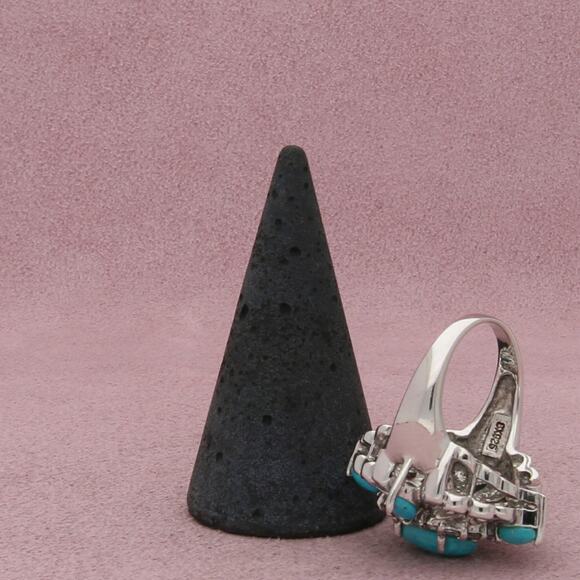 sterling silver turquoise & white topaz halo cocktail ring size 8 - Picture 3 of 3